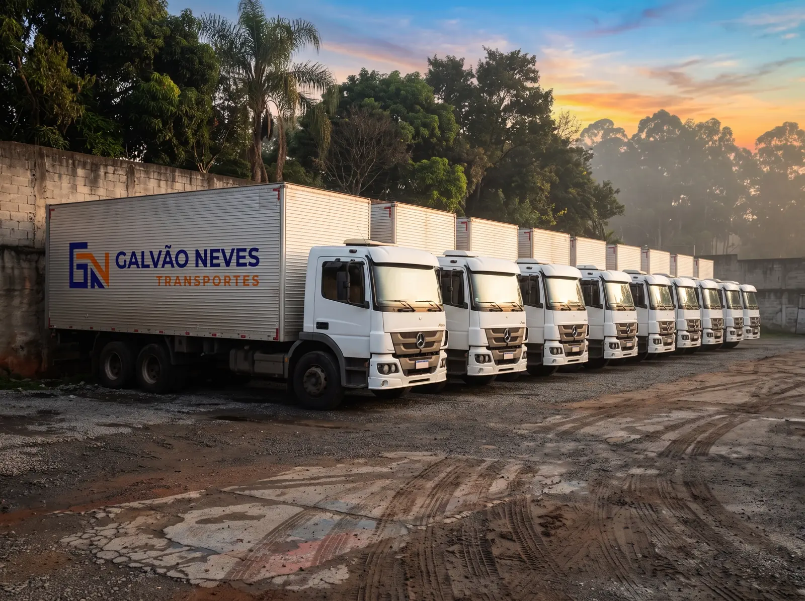 Caminhão truck da Galvão Neves, de três eixos, numa rodovia.