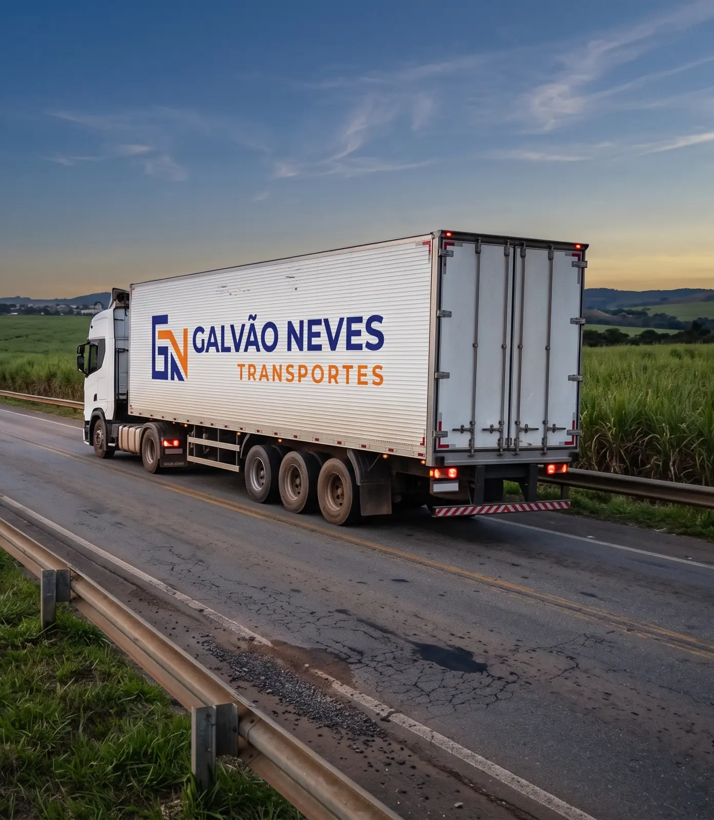 Cabine de caminhão da Galvão Neves com faróis acesos.